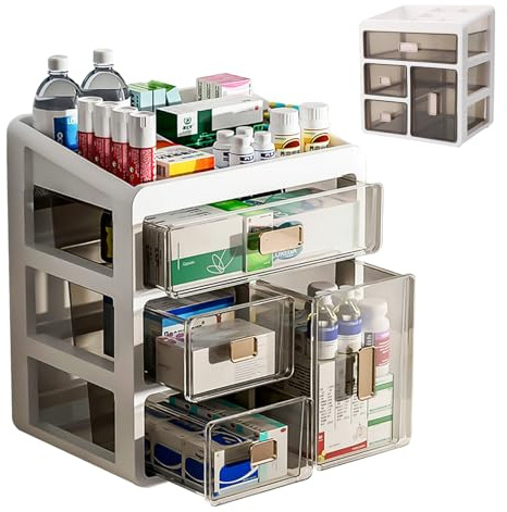 Ruiqas Caja de Medicina de Escritorio de 4 Cajones Contenedor de Plástico | Cajones transparentes, diseño apilable, sin montaje, plástico duradero, para medicina de oficina en casa, 27 x 19 x 31 cm