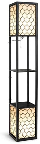 RELAX4LIFE Stehleuchte mit 2 Regalen, Stehlampe mit Zugschalter, Fußschalter & 2 Steckdosen, Elegante Innenbeleuchtung 156 cm, für Wohnzimmer, Schlafzimmer, Büro, Schwarz