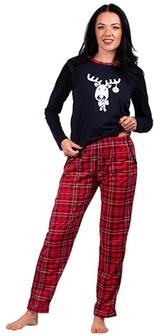 HEYO Schlafanzug Damen Lang Pyjama 100% Baumwolle Zweiteiliges Set Langarm Shirt Lange Karierte Pyjamahose Weihnachtspyjama