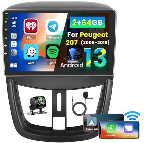 Inefala 2+64G Stereo para Peugeot 207 2006-2015 Android 15 con Wireless Carplay y Android Auto, 9'' Radio Pantalla con Bluetooth DSP 28UI GPS FM/RDS SWC AHD Cámara Inversa