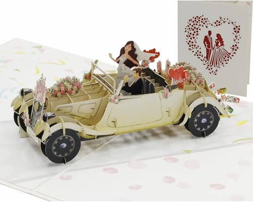design3dkarten® Pop Up Karte Hochzeitsauto – handgemachte 3D Hochzeitskarte fürs Brautpaar als Glückwunschkarte Hochzeit, Geldgeschenk, Hochzeitsgeschenk oder Gutschein für die Hochzeitsreise