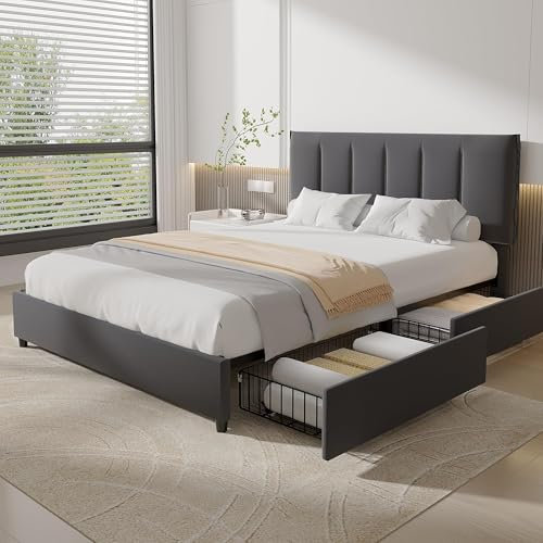 VECELO Polsterbett 140 x 200 cm Doppelbett mit 4 Schubladen und Höhenverstellbarem Kopfteil, Gepolstertes Bettgestell mit Lattenrost und Stauraum, Samt, Ohne Matratze, Grau