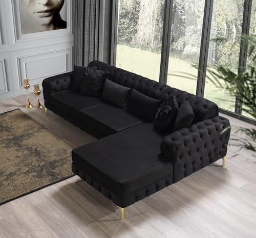 Snooze Luxury Chesterfield Seater Plush Velvet L-Shaped Corner Sofa – Deep Button-Tufted Design with Elegant Gold Metal Legs – Chaise Lounge Couch (Black Plush, 5 Seater (Right Hand side))