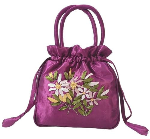 Borsa a mano con ricamo floreale elegante per tutti i giorni retrò raso seta piccola borsa portafoglio, Rosa e viola.