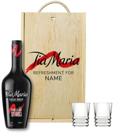 Personalised Tia Maria Coffee Liqueur Gift Set with Shot Glasses – Alcohol Present for Men or Women – 70cl Bottle (20% ABV) in Engraved Wooden Keepsake Box – Coffee Liqueur Gift for Him or Her