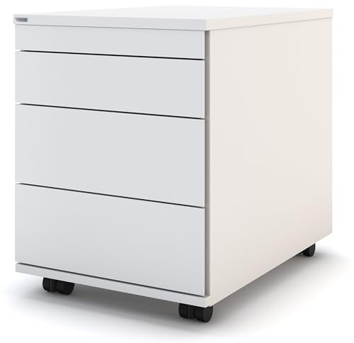 ASSMANN Rollcontainer Pontis mit Metallfront & 4 Schubladen, 41x58x53cm | TÜV-Zertifiziert, fertig montiert für Büro und Homeoffice, kein Aufbau nötig, mit Soft Close, Weiß