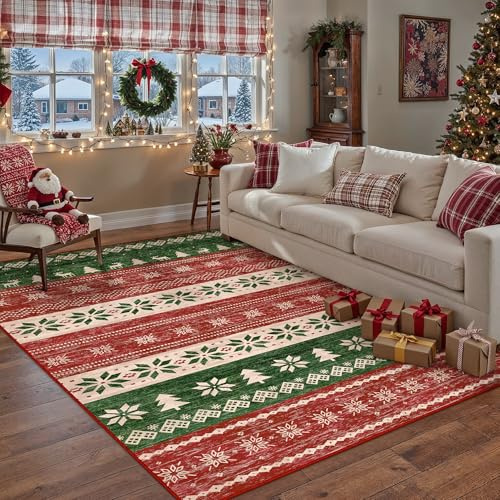 PureCozy Wohnzimmer Teppich Weihnachtsteppich, 150x210 cm Rot-grün Elch Waschbar rutschfest Weihnachtsdeko Carpet für Schlafzimmer KüChe Esszimmer BüRo, Innen Weihnachtsparty Weicher Kurzflor Rug