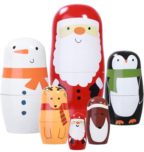 MAGICLULU 6 Stück Russische Weihnachts-nistpuppen, Weihnachtsmann, Pinguin, Elch, Schneemann, Matroschka-Puppen, Handgefertigtes Stapelset aus Holz für Kinder, Weihnachten, Geburtstag,