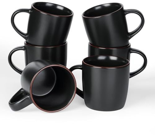 Richmount Mercury Kaffeetassen-Set, 6-teilig, 384 ml Kaffeetassen, mikrowellen- und spülmaschinengeeignet, Tassen mit Henkel für Kaffee, Tee, Kakao, Milch, Matt-Schwarz