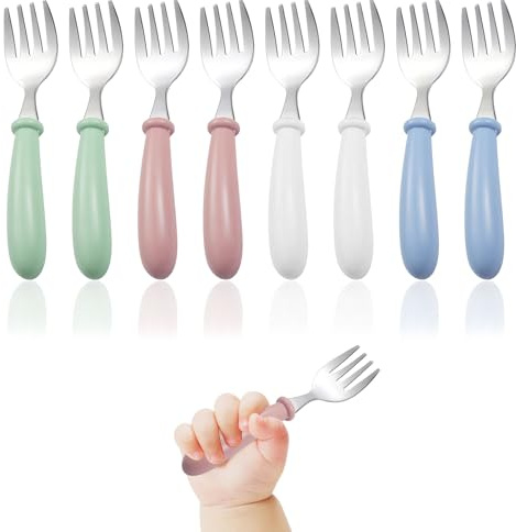 8 PCS Toddler Forks,Stainless Steel Baby Fork,Kids Forks,for Self Feeding,Toddler Fork with Round Handle,Safe Flatware,Stainless Steel Cute Baby Cutlery (Green,Blue,Pink,White)