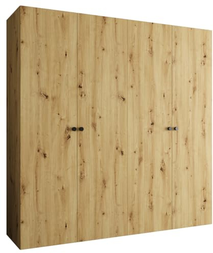 MEBLE KRYSPOL - Kleiderschrank - Garderobenschrank - 200 cm x 202 x 52 cm - Schrank mit Kleiderstange, 4 Türen - für Schlafzimmer, Flur - Parma, Artisan-Eiche, Griff Schwarz