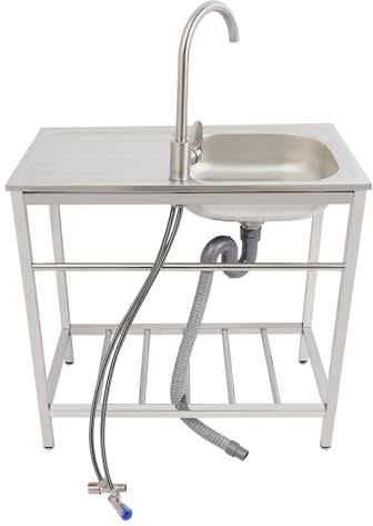 PBTERDTF Freistehende Edelstahl Spültisch 1 Becken Outdoor Spüle mit Werkbank Multifunktions Waschtisch Küchenspüle Gewerbliche Spüle mit Heiße & Kalte Wasserhahn und Ablageflächen 75x40x75cmcm