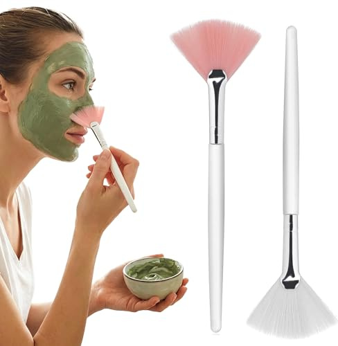 LEOUEANR Pack of 2 Fan Brushes, Dual-Use Face Mask Brush & Highlighter Acid Applicator Brush Synthetic Fibre Cosmetic & Skincare Facial Brushes (White & Pink)