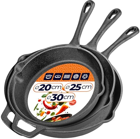 KADAX Gusseisenpfannen 3er Set (20/25/30 cm), Pfannen aus Gusseisen, induktionsgeeignet & backofenfest, Gusspfanne für Induktion, gusseiserne Bratpfanne