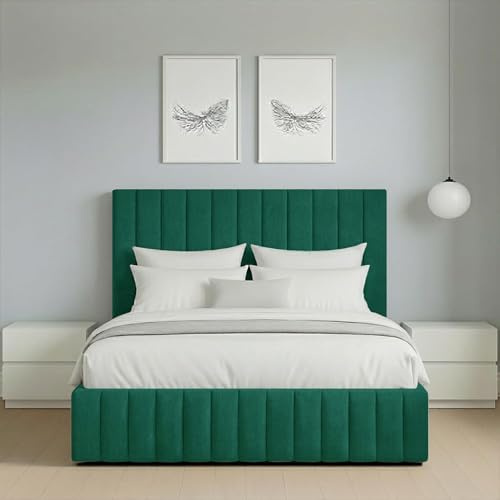 4FT Green Plush Upholstered Ottoman Small Double Bed Frame with Gas Lift Storage | Stylish 48 Vertical Line Headboard & Footboard | Modern Platform Bed for Bedroom