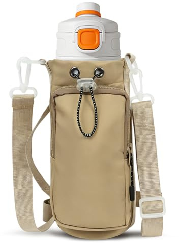 Hittriu Water Bottle Carrier Bag 16-35oz, Khaki Bottle Holder Bag for Drink | Waterproof Cloth Water Bottle Sleeve with Pocket & Handle & Adjustable Strap