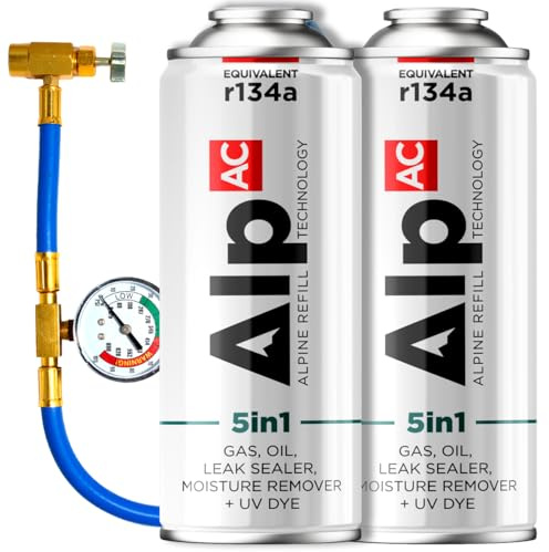 AlpAC 5-en-1 Recharge Climatisation Voiture R134a – Gaz Substitut avec Lubrifiant Compresseur, Anti-Fuite et Traceur UV – Kit Complet Entretien Clim Auto – Solution Économique DIY