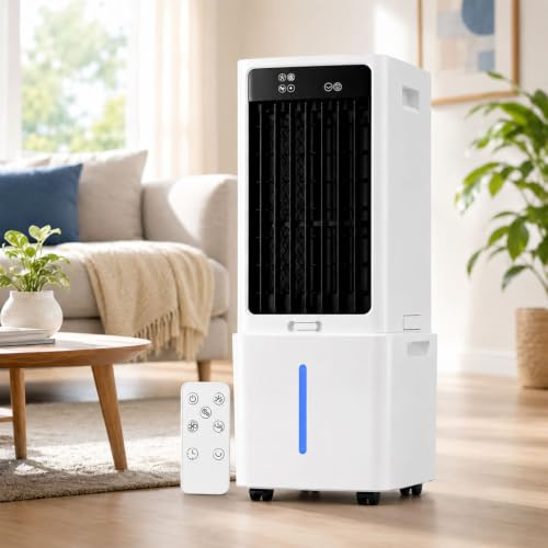 Raffrescatore Evaporativo Silenzioso 12 Litri, Ventilatore d'Aria Fredda ad Acqua con Serbatoio, Climatizzatore Portatile senza Tubo, Umidificatore con Ruote, per Stanza, Soggiorno e Studio