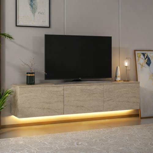 Homidea Vesta Meuble TV suspendu LED 160 cm – Meuble TV mural moderne avec éclairage LED intégré, portes battantes et espace de rangement pour salon (travertin)