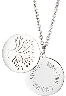 Gravado Collana da Donna in Acciaio Inox con 2 Pendenti Circolari, Albero della Vita, Incisione Personalizzabile con Nomi