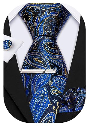 Barry.Wang Herren Paisley Krawatten Mit passendem Einstecktuch und Manschettenknopf im Set