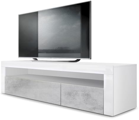 Vladon Lowboard Valencia, Made in Germany, TV-Kommode mit 1 offenem Fach und 2 Klappen, Weiß matt/Beton Oxid Optik/Weiß Hochglanz (155 x 46 x 40 cm)