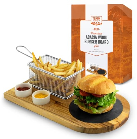 Yukon Glory Juego de servir hamburguesas, perfecto para amantes de la comida, amantes de las hamburguesas y manteles de mesa, incluye tabla de madera de acacia premium con pizarra, cesta de freír de
