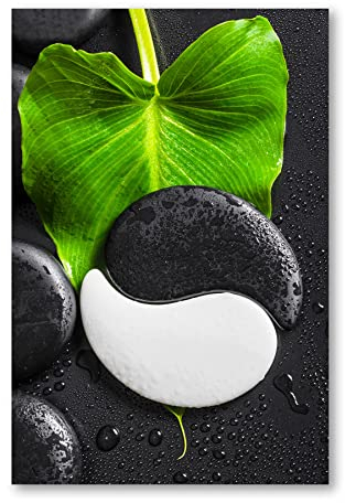 Postereck - 1960 - Yin und Yang, Wellness Entspannung Stein Blatt - Wandposter Fotoposter Bilder Wandbild Wandbilder - Leinwand - 100,0 cm x 75,0 cm