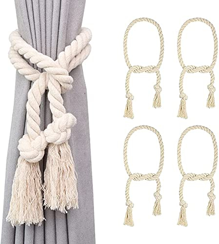 4 Stück Vorhangseil Raffhalter, Curtain Rope Buckle, Handgemachte Vorhang Raffhalter, Vorhang Clips Baumwolle Seil, Baumwollvorhang Raffhalter, für Haus Office Dekoration Fenster Behandlung