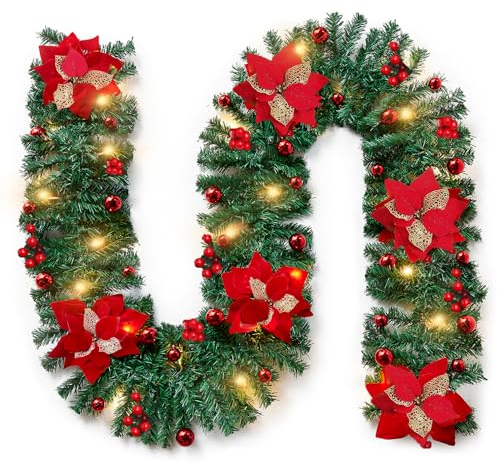 Christmas Garland with Lighting Decoration, 9Ft/2.7M Decorated Garlands with Flower Ball for Stairs Fireplace Wall Door Xmas Tree Garden Yard Outdoor Indoor Decor (Red)