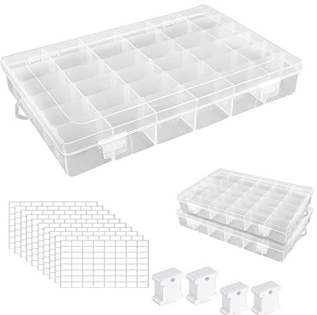 2 Stück Stickgarn Aufbewahrung mit 36 Raster, Kunststoff Aufbewahrungsbox, Aufbewahrungsbox mit 200 Stück Plastikseide Stickgarn Karten, 8 Leere Aufkleber für Basteln Nähen