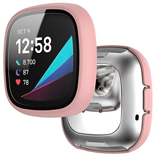 Miimall Kompatibel mit Fitbit Versa 3 / Sense Hülle mit Glas Displayschutz, Ultradünne PC Schutzhülle Vollschutz Kratzfest Displayschutzfolie Schutz Case für Fitbit Versa 3 / Sense - Rosa