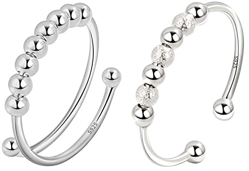 VELESAY 925 Sterling Silber Anxiety Ring Spinning Ringe mit Perlen Band Ring Stapelbar Fidget Ringe Angst Ringe für Damen Frauen Spinner Ringe Perlen Rotieren Ring Verstellbar