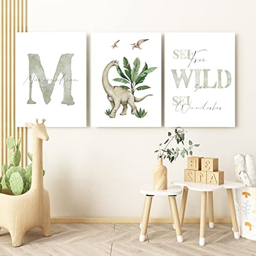 Pandawal Kinderzimmer Bilder Dino mit Spruch und Name Dinosaurier 3er Poster- Set für Mädchen und Junge Wandbilder