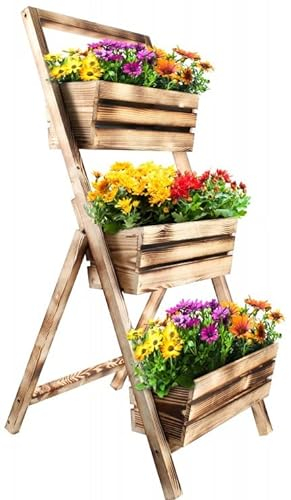KOTARBAU® Escalera de madera para plantas, Estantería de 3 jardineras, Huerto urbano vertical, Jardinera vertical, Maceteros de madera quemada, Jardineras con macetas, Cama elevada de jardín