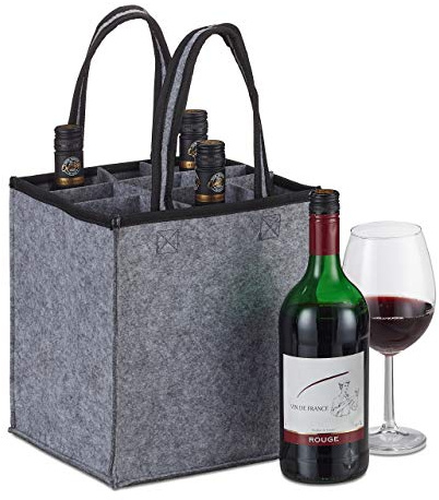 Relaxdays 3x Bottle Carrier, 9 Glasses, Wine, Beer, Collect, Empty Drinks, HxWxD 45x24x24 cm, Felt Tote, Handles, Grey
