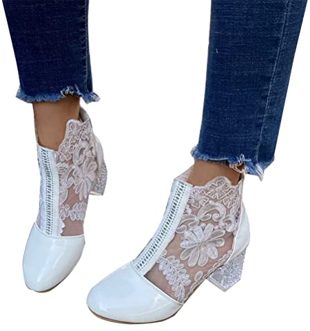 ORANDESIGNE Stivali da Donna in Tulle Vuoto Ricamato Stivaletti con Tacco Largo Stivali Corti Elegante Stivali Estivi in Pizzo Floreale con Giunzione con Cerniera A Bianco 38 EU