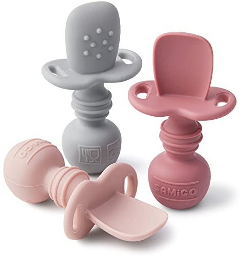 SAMiGO Silicone Baby Spoons Self Feeding 6 Months, Infant Eating Utensils