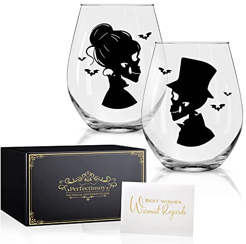 Perfectinsoy Totenkopf Weinglas 2 Stück mit Geschenkbox, Totenkopf Gothic Design, Jahrestag Hochzeit Geschenk, Paar Geschenk für Freund und Freundin, Valentinstag Herbst Halloween