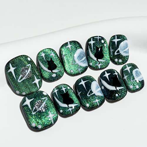 Sun&Beam Nails Handmade Press-on Short Squoval Round Green Black Hand-Painted Cartoon 0 Design Fashion False Nail Tips 10 Pcs Set (#034 S)