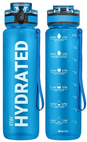 Sahara Sailor Leakproof Water Bottle 1L, Tritan BPA Free Motivational Sport Drinks Bottle with Clear Time Marker, Lock Cover, Easy Clean Brush, Durable for Gym, School, Hiking, Cycling (1 Bottle)