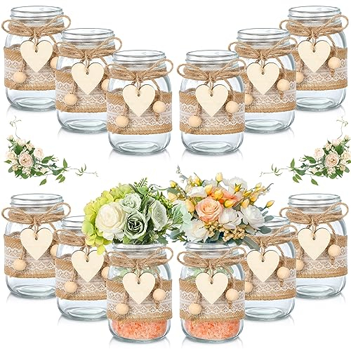 Mumufy 12 Sets Mason Jar Table Centerpiece with Lace Sleeves and Heart Shaped Hemp Rope Rustic Mason Jar Vases Reception Engagement Party Bridal Shower Centerpieces Wedding Table Decorations