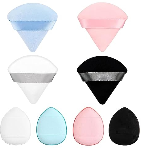8 Piezas Triangulares Bocanada Mini Dedo Esponjas Maquillaje Bocanada Con Correa Para Mineral Polvo Cosmético Suelto Polvo Corporal Base Seca Base Belleza Herramienta (Rosa, Blanco, Azul, Negro