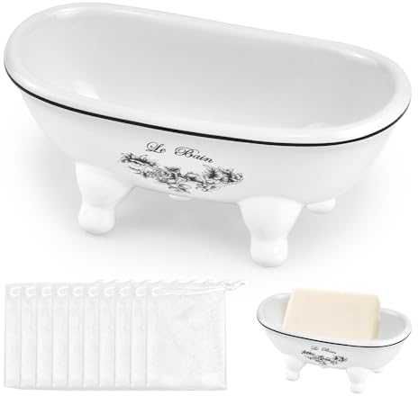 CYNNXIA Ceramic Soap Dish White Bathtub Soap Dish Mini Clawfoot Tub Soap Holder with 6 PCS Soap Saver Bag for Shower, Bathroom, Decor, Kitchen, Counter, Mini Planter, Makeup Container