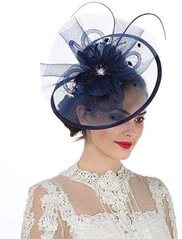 Sinamay Serre-tête bibi à plumes et fleurs pour femme Course Royal Ascot Pilulier Mariage Cocktail Thé Fête Derby Chapeau pour femme, SG-Bleu marine, M