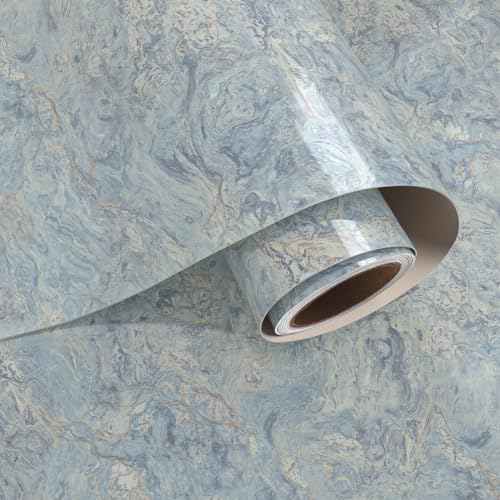 VaryPaper Peel and Stick Blue Liquid Marble Effect Wallpaper - 40cm x 200cm Sticky Back Plastic Removable Marble Vinyl Wrap for Kitchen Cupboards, Counter Tops, Furniture, Tables