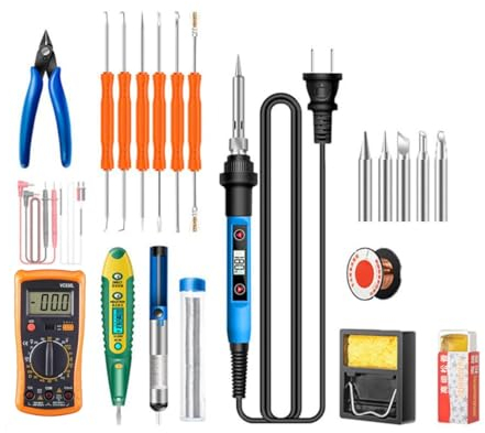 Lötkolben Set mit Multimeter - 60W LCD Soldering Iron Kit Einstellbar Temperatur 180-520°C Lötkolben, 22PCS Lötset mit mit 5 Lötspitzen, Pinzette für Elektrische Arbeiten