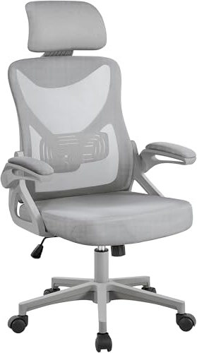 Yaheetech Bürostuhl Ergonomisch, Schreibtischstuhl mit Hochklappbaren Armlehnen, Drehstuhl mit Rückenlehne und Verstellbarer Kopfstütze, bis 136 kg Belastbar Grau