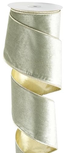 DINDOSAL Sage Green Wired Velvet Ribbon - 4 Inch x 10 Yards, Gold Backside, Wired Ribbon for Christmas Tree Decorations, Large Bows, Garlands and Wreaths