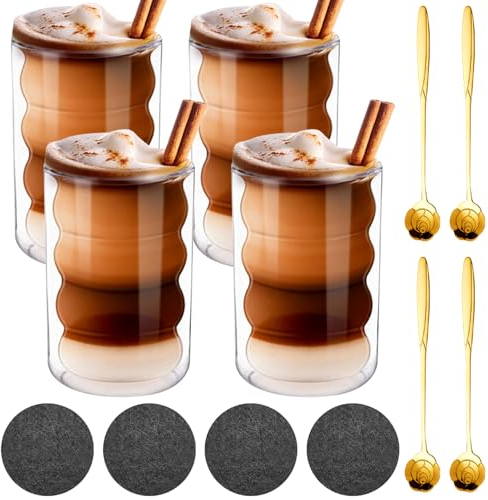 Latte Macchiato Gläser 400ml 4er pack mit Löffeln und Untersetzern Thermogläser Doppelwandig Cappuccino Gläser Spiralförmig Kaffeegläser für Cappuccino, Latte, Tee, EIS, Iced Americano, Saft